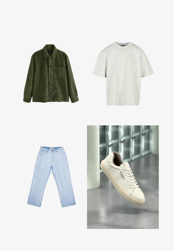 Skovgrøn kordfløjl jakke med krave, frontlomme og knaplukning. Tekstureret stof med lodrette ribbede detaljer.; Lys grå bomulds t-shirt med korte ærmer, rund hals og en afslappet pasform. Stof overfladen er blød og let struktureret.; Lyseblå jeans med høj talje og lige ben, forlommer, bæltestropper, knaplukning og en mærket inderlabel ved linningen.; Hvid lærreds-sneaker med beige sål og snørebånd, "AllSaints London" logo på siden, svævende over en grå poleret gulv nær glasblokke.