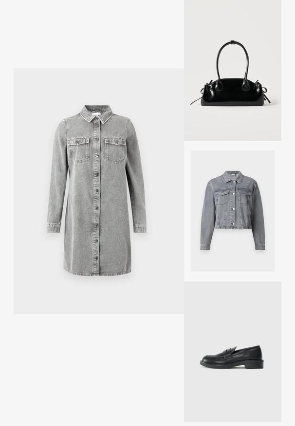 Grå cropped denimjakke med lange ærmer, knaplukning foran og to brystlommer med klap på hvid baggrund.; Grå denim skjortekjole med krave, lange ærmer, knaplukning foran og to brystlommer. Har en afslappet, lige pasform.; Sorte læder loafers med rund tå, stikninger og en lille hæl. Glat tekstur og en fleksibel gummisål.; Lille sort blank håndtaske med to lange håndtag og snøre-detaljer i siden på en ensfarvet lys baggrund.