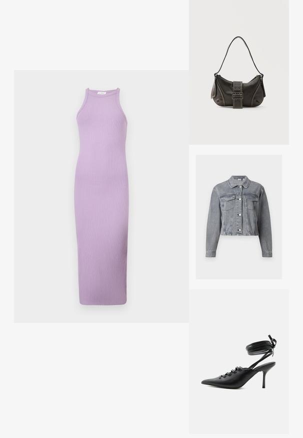Veste en denim grise courte avec manches longues, devant boutonné et deux poches à rabat sur la poitrine, sur fond blanc.; Robe midi lilas sans manches, côtelée, avec un col montant et une silhouette ajustée.; Chaussure à talon haut noire à bout pointu avec laçage à l'avant et brides enroulées autour de la cheville nouées en nœud, vue de côté sur fond blanc.; Sac à épaule en cuir noir avec une sangle à boucle, des bords arrondis et des coutures blanches contrastées sur un fond uni.
