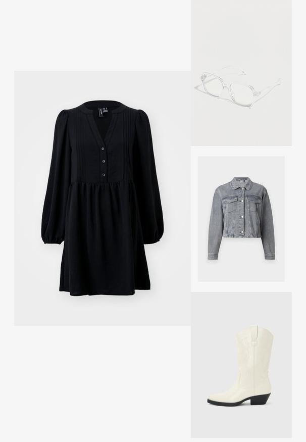 Graue, kurze Jeansjacke mit langen Ärmeln, Knopfleiste vorne und zwei Brustklappentaschen auf weißem Hintergrund.; Schwarzes Kleid mit langen Puffärmeln, V-Ausschnitt, Knopfleiste, gefälteltem Oberteil und einem gerafften Rock. Aus leichtem Stoff gefertigt.; Weißer Western-Stiefel in mittlerer Wadenhöhe mit spitzer Schuhspitze, schwarzem gestapeltem Absatz, dekorativen Nähten und Zuglasche an der Schaftseite.; Transparente rechteckige Brille mit klaren Fassungen und Bügeln, auf einer weißen Oberfläche mit weichen Schatten platziert.