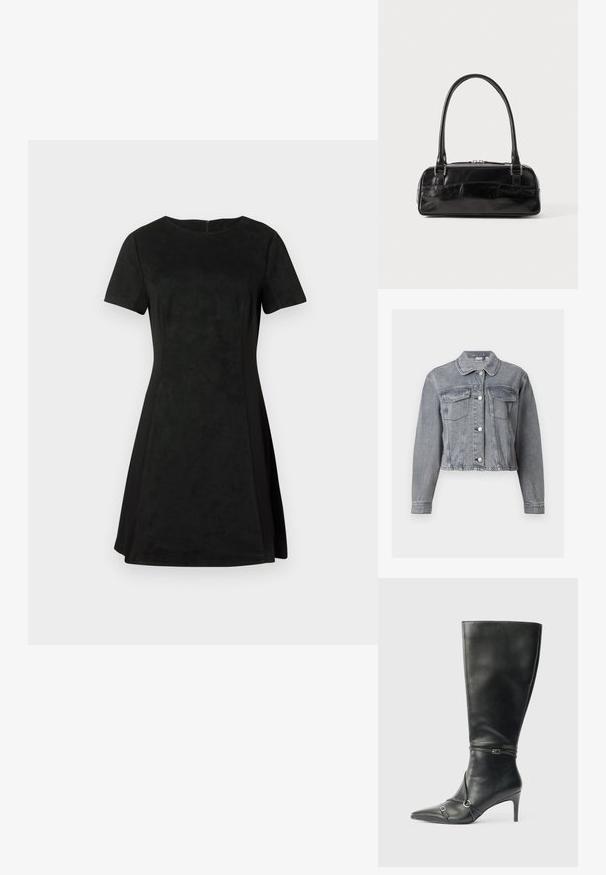 Grijze cropped spijkerjack met lange mouwen, knoopsluiting aan de voorkant en twee borstzakken met klep op een witte achtergrond.; Zwarte korte mouw A-lijn jurk met ronde halslijn en zijpaneeldetails, gemaakt van een gladde, licht gestructureerde stof.; Zwarte leren kniehoge laarzen met een slanke hak, puntige neus en banddetail bij de enkel. Gladde textuur en aansluitend ontwerp.; Zwarte leren handtas met een rechthoekige vorm, voorzien van een enkele gestructureerde handgreep, zilveren hardware en ritsluiting. Gladde textuur.