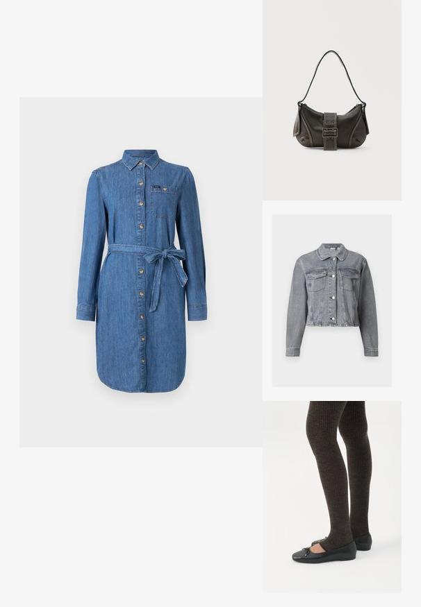 Grå cropped denimjakke med lange ærmer, knaplukning foran og to brystlommer med klap på hvid baggrund.; Denim skjortekjole med lange ærmer, frontknapper, brystlomme og knyttet taljebælte i medium blå vask.; Ben iført mørke ribbede leggings kombineret med sorte balletsko med små sløjfedetaljer på hvid baggrund.; Sort læder skuldertaske med spænde på remmen, afrundede kanter og kontrasterende hvide syninger på en ensfarvet baggrund.