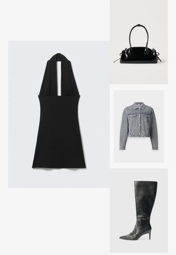 Veste en denim grise courte avec manches longues, devant boutonné et deux poches à rabat sur la poitrine, sur fond blanc.; Robe noire sans manches à col halter avec un profond décolleté en V et une taille ajustée, présentée à plat sur un fond clair.; Bottes noires en cuir montant jusqu'au genou, avec un talon fin, un bout pointu et des détails de lanière à la cheville. Texture lisse et design ajusté.; Petit sac à main noir brillant avec deux longues anses et des détails à cordon sur les côtés sur un fond clair uni.
