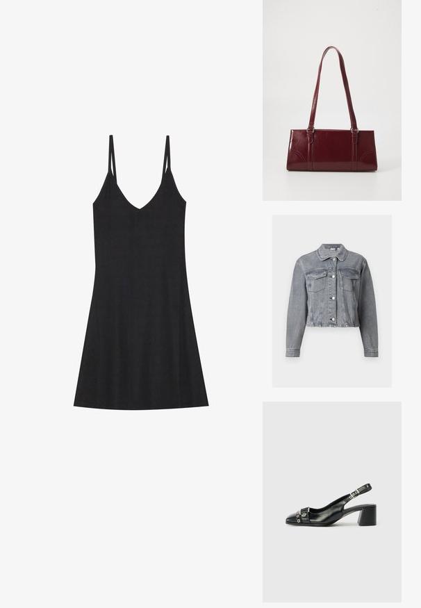 Grå cropped denimjakke med lange ærmer, knaplukning foran og to brystlommer med klap på hvid baggrund.; Sort ribbet slipkjole med V-hals og tynde justerbare stropper. Har en afslappet pasform, der falder over knæene, med minimalistisk design.; Sorte læder slingback hæl med spids tå, tekstureret rem med cirkulære metalliske accenter, og en stablet blokhæl.; Bordeaux håndtaske lavet af glansfuldt materiale, rektangulær form, med to skulderremme og subtile buede detaljer på forsiden.
