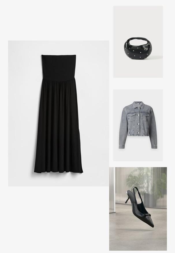 Chaqueta vaquera gris recortada con mangas largas, cierre de botones y dos bolsillos con solapa en el pecho sobre fondo blanco.; Vestido maxi negro sin tirantes con corsé elástico, falda fruncida, textura suave y silueta fluida con aberturas laterales.; Zapato de tacón alto slingback de cuero negro texturizado con punta picuda y una pequeña hebilla decorativa, flotando sobre un suelo liso.; Bolso de mano de cuero negro con forma redondeada, decorado con detalles de tachuelas plateadas y un asa corta. Textura lisa y cierre con cremallera.