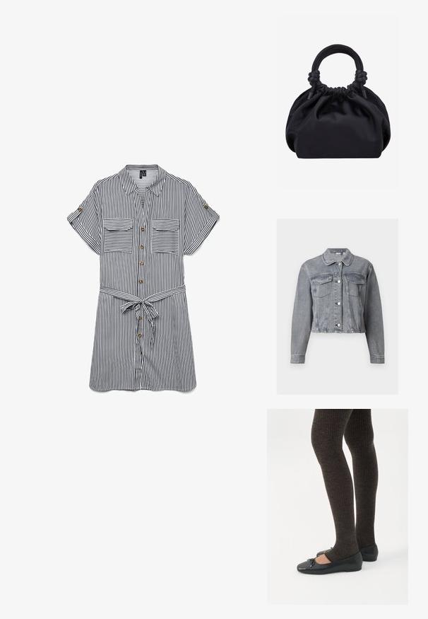 Graue, kurze Jeansjacke mit langen Ärmeln, Knopfleiste vorne und zwei Brustklappentaschen auf weißem Hintergrund.; Atmungsaktives Hemd mit Knopfleiste in Marineblau und weißen vertikalen Streifen. Mit zwei Brusttaschen, kurzen Ärmeln und einem gebundenen Gürtel in der Taille.; Beine in dunklen, gerippten Leggings kombiniert mit schwarzen Ballerinas mit kleinen Schleifendetails auf weißem Hintergrund.; Schwarze weiche Stoffhandtasche mit gerafftem oberen Rand und runden, gepolsterten Griffen, die auf jeder Seite mit Knoten gebunden sind.