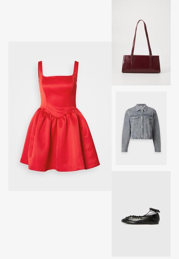 Grijze cropped spijkerjack met lange mouwen, knoopsluiting aan de voorkant en twee borstzakken met klep op een witte achtergrond.; Rode satijnen jurk met een vierkante halslijn, aansluitend bovenlijf en een uitlopende, geraffineerde rok. Gladde textuur en geen zichtbare versieringen.; Zwarte ballerina's van lakleer met een afgeronde neus, veterdesign en een platte zool. Glad oppervlak met minimale details.; Bourgondische handtas van glanzend materiaal, rechthoekige vorm, met twee schouderbanden en subtiele gebogen accenten aan de voorkant.