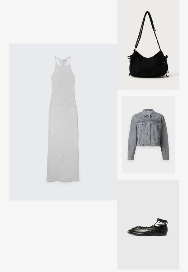 Veste en denim grise courte avec manches longues, devant boutonné et deux poches à rabat sur la poitrine, sur fond blanc.; Robe longue gris clair, sans manches, coupe moulante avec style dos nageur et étiquette "WEEKDAY" à l'intérieur du col.; Ballerines en cuir verni noir avec un bout rond, un design à lacets et une semelle plate. Texture lisse avec peu de détails.; Sac à épaule en velours côtelé noir avec une forme courbée, bandoulière réglable et fermetures à cordon des deux côtés pour un ajustement de taille.