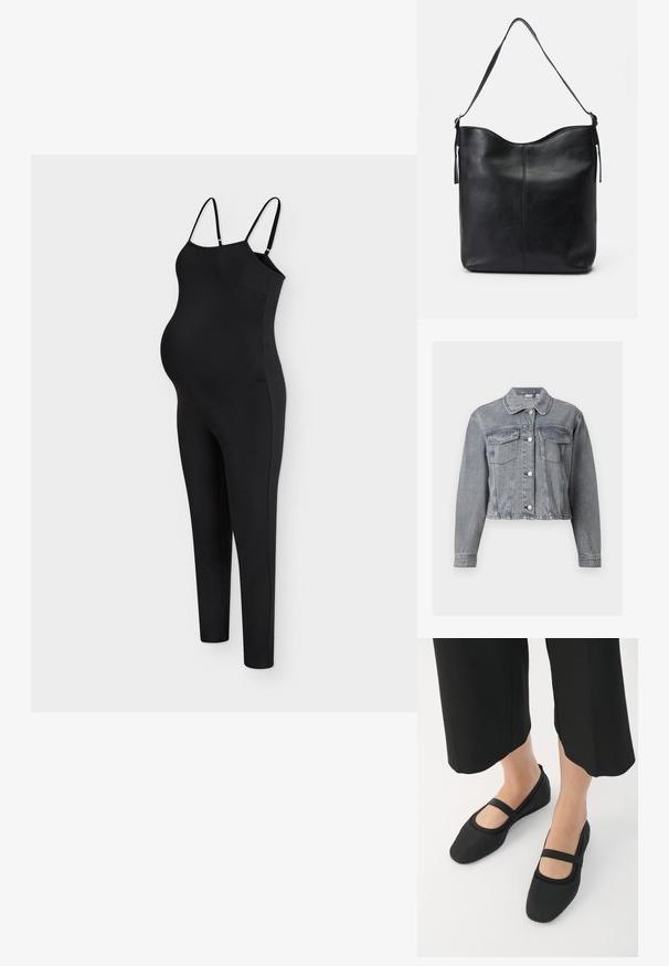 Grå cropped denimjakke med lange ærmer, knaplukning foran og to brystlommer med klap på hvid baggrund.; Sort ærmeløs graviditetsheldragt med justerbare tynde stropper og tætsiddende ben i fuld længde, designet til komfort og stil under graviditeten.; Sorte flade sko lavet af glat materiale, med rund tå og en kontrastfuld rem over vristen. Flad sål, minimalistisk design.; Sort læder skuldertaske med en glat tekstur, rund top, enkelt strop og minimalistisk design uden synligt hardware.