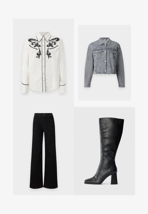 Veste en denim grise courte avec manches longues, devant boutonné et deux poches à rabat sur la poitrine, sur fond blanc.; Chemise en coton blanche ornée de broderies florales noires sur la poitrine, de passepoils noirs le long du col et des poignets, et d'une fermeture à boutons.; Jean large noir en denim, avec une taille haute, un design classique à cinq poches et une fermeture à bouton à l'avant.; Botte noire montant jusqu'au genou en cuir lisse, avec un bout carré et un talon bloc épais. Design simple sans ornements.