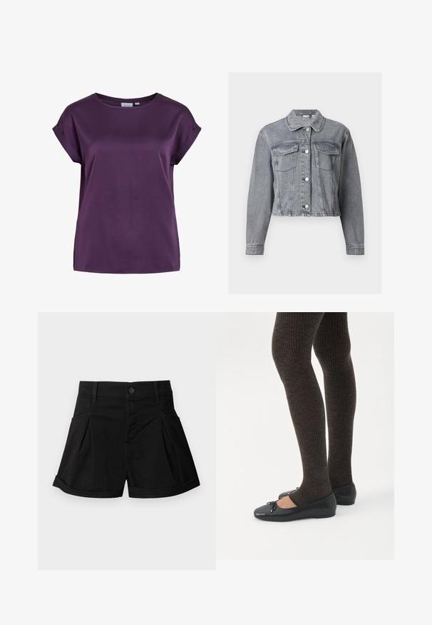 Veste en denim grise courte avec manches longues, devant boutonné et deux poches à rabat sur la poitrine, sur fond blanc.; Blouse femme à manches courtes de couleur violet foncé avec un col rond et des détails de poignets pliés sur les manches.; Shorts noirs taille haute avec bouton sur le devant, passants de ceinture, poches latérales, plis et ourlets repliés, présentés sur un fond clair uni.; Jambes portant des leggings côtelés foncés associés à des ballerines noires avec de petits détails en nœud sur fond blanc.