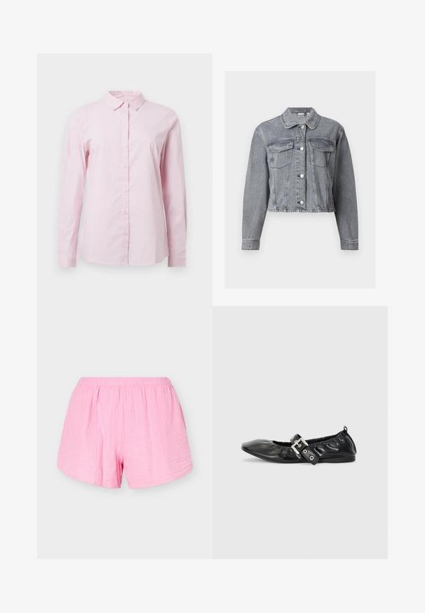 Grijze cropped spijkerjack met lange mouwen, knoopsluiting aan de voorkant en twee borstzakken met klep op een witte achtergrond.; Roze gestreepte overhemden met knoopsluiting, een kraag en lange mouwen. Gemaakt van lichtgewicht stof met een gladde textuur.; Lichtroze katoenen shorts met elastische tailleband en losse pasvorm, weergegeven op een effen lichte achtergrond.; Zwarte leren platte schoen met een spitse neus, geplooide details rond de opening en een zilveren gespaccentueerde verstelbare band.
