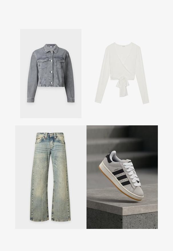 Grå cropped denimjakke med lange ærmer, knaplukning foran og to brystlommer med klap på hvid baggrund.; Hvid langærmet omslagstop med en v-halsudskæring og en knyttet frontdetalje. Fremstillet af blødt stof, har en cropped design. Glat tekstur.; Lyseblå denimjeans med et falmet lodret stribemønster, forlommer, knaplukning og brede, lige ben.; Grå Adidas Campus-sneaker med sorte striber og hvide snørebånd, der svæver over en betonkant med trapper i baggrunden.