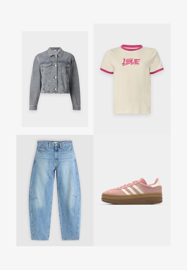 Grå cropped denimjakke med lange ærmer, knaplukning foran og to brystlommer med klap på hvid baggrund.; Flødefarvet T-shirt med lyserød ribkant ved krave og ærmer. Har en iøjnefaldende lyserød grafik med teksten "LOVE OF THE UNKNOWN" på forsiden.; Lyseblå denimjeans med en afslappet pasform, der har høj talje, lige ben og diskrete syninger på frontlommen.; adidas Originals GAZELLE BOLD - Sneakers - mauve/off white