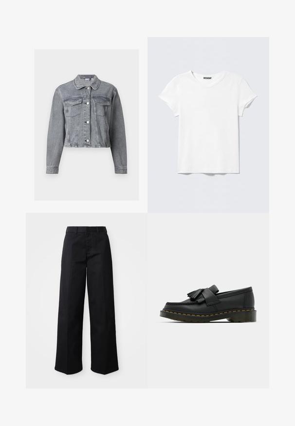 Grå cropped denimjakke med lange ærmer, knaplukning foran og to brystlommer med klap på hvid baggrund.; Enkelt hvid T-shirt med korte ærmer og V-hals, med et lille "WEEKDAY" mærke indeni kraven, vist mod en lysegrå baggrund.; Sorte brede bukser lavet af blødt bomuldsstof. Har en klassisk talje, sidelommer og en lige skæring til kanten.; Sorte læder loafers med rund tå, der har frynse detaljer og et dekorativt bånd på tværs af fronten, sat på en kraftig hæl.