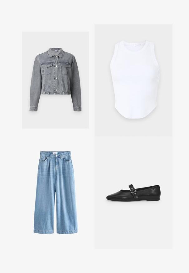 Grå cropped denimjakke med lange ærmer, knaplukning foran og to brystlommer med klap på hvid baggrund.; Good American MICRO TANK - Top - white; Lyseblå denim palazzo jeans med brede ben, der har høj talje, frontlommer og knaplukning. Diskret falmet tekstur.; Sorte læder flade sko med rund tå, et enkelt justerbart spænde og en glat, blank overflade. Minimalistisk design med en lav hæl.
