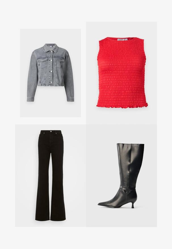 Grå cropped denimjakke med lange ærmer, knaplukning foran og to brystlommer med klap på hvid baggrund.; Ærmeløs rød crop top med rynket tekstureret stof og lille flæsekant langs bundkanten.; Høj talje sorte flare jeans lavet af denim, med knaplukning, sidelommer og en glat tekstur.; Sort knæhøj læderstøvle med spids tå og lav kittenhæl, vist på en enkel lys baggrund.