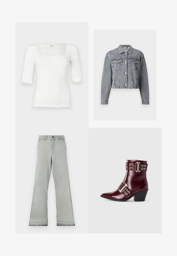 Veste en denim grise courte avec manches longues, devant boutonné et deux poches à rabat sur la poitrine, sur fond blanc.; Haut blanc ajusté avec un décolleté carré et des manches courtes. Présente une bordure en dentelle le long du col et des bords des manches. Confectionné dans un matériau côtelé.; Jean évasé gris clair en denim, doté d'une fermeture par bouton, d'une ceinture droite et d'une texture légèrement usée aux ourlets.; Bottine en cuir bordeaux avec une pointe arrondie, des sangles à double boucle, des accents en argent et un petit talon carré. Fini lisse et brillant.