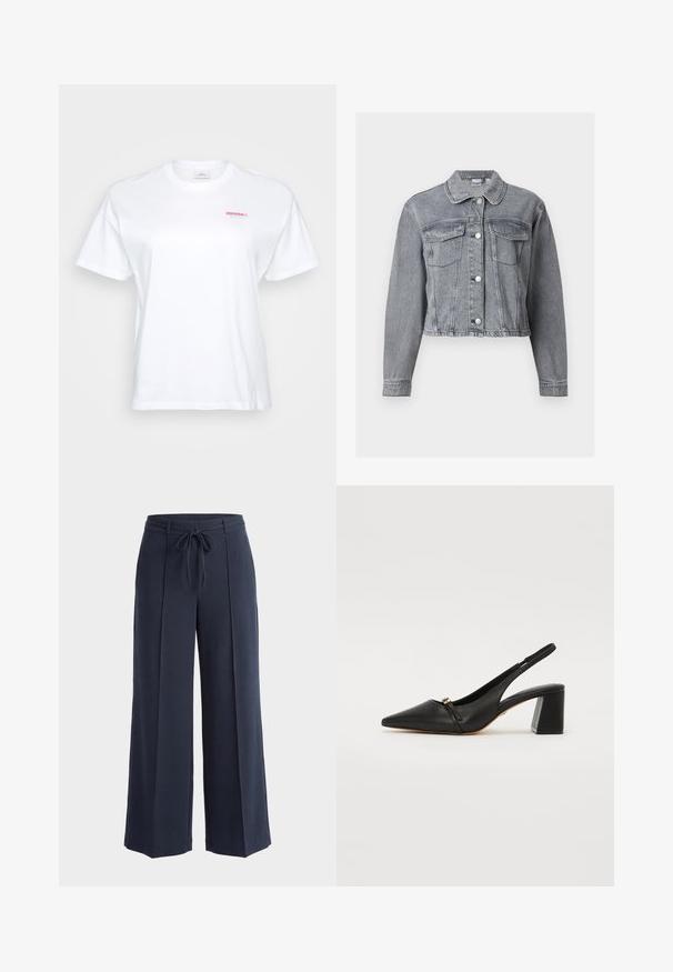 Grå cropped denimjakke med lange ærmer, knaplukning foran og to brystlommer med klap på hvid baggrund.; Hvid t-shirt med et lille rødt og turkis "CRUSH it." logo på venstre brystområde, vist mod en neutral baggrund.; Navyblå viddebukser med forreste læg og et stofbælte bundet i taljen på en ensfarvet lys baggrund.; Sort læder slingback hæl sko med spidse tæer, lille forstrop og blokhæl. Glat tekstur med guld detaljer.