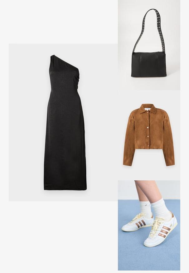 Brun ruskinds cropped jakke med krave, lange ærmer og fem runde trykknapper foran. Glat tekstur, minimalistisk design.; Sort en-skulder kjole med en glat, struktureret finish, der har en lige silhuet og gulvlængde design. Enkel og elegant.; Hvide sneakers med bronze striber, tekstureret læder, gule snørebånd og perforerede detaljer. Båret med hvide ribbede sokker på en blød blå overflade.; Sort læderhåndtaske med rektangulær form, udstyret med lynlås lukning og en polkaprikket rem. Glat tekstur, minimalt syning.