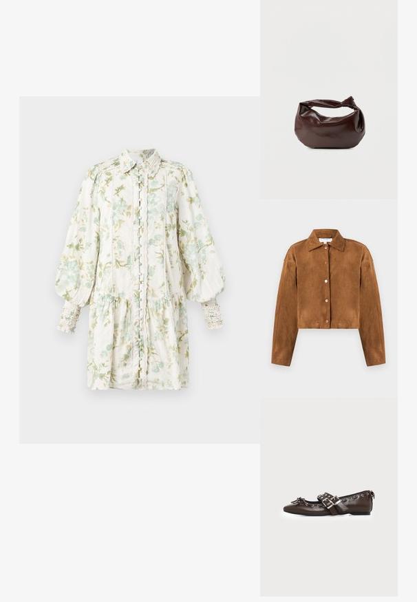 Braune Wildleder-Cropped-Jacke mit Kragen, langen Ärmeln und fünf runden Druckknöpfen auf der Vorderseite. Glatte Textur, minimalistisches Design.; Blumenkleid mit Puffärmeln, weißem Grund und grünen Blumen, Knopfleiste, geraffte Taille, strukturierten Stoff und Rüschensaum.; Dunkelbrauner flacher Lederschuh mit spitzer Spitze, doppelten silbernen Schnallenriemen, Metallösen und dekorativer Schleife vorne.; Dunkelbraune Lederschultertasche mit weicher, lockerer Form und einem gedrehten Knotengriff vor schlichtem weißem Hintergrund.
