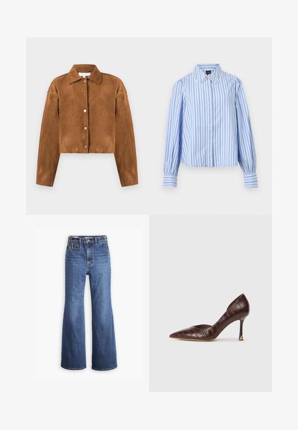 Brun ruskinds cropped jakke med krave, lange ærmer og fem runde trykknapper foran. Glat tekstur, minimalistisk design.; Lyseblå bluse med lodrette mørkeblå og hvide striber, lange puffede ærmer, manchetter med knapper og en rundet krave med bølget blonder.; Højtaljede blå denimjeans med bred ben-design, som har en frontlomme, messingknaplukning og kontrastsyninger.; Brun, krokodillede læder højhælet sko med spids tå og slank hæl, der har en gylden trekantet accenter.