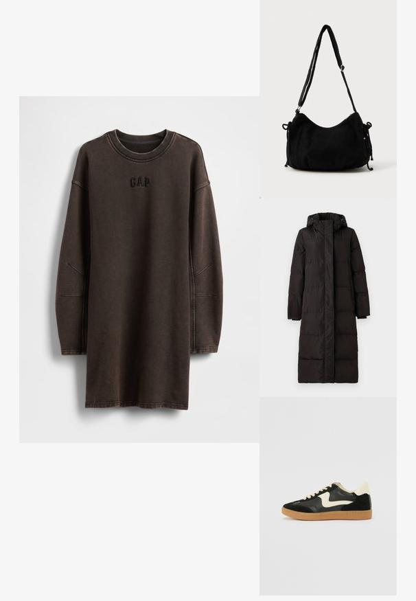VILA down VISTARI Hooded - Páperový kabát - black beauty; Hnedé oversize mikinové šaty z mäkkého materiálu, s okrúhlym výstrihom a vyšívaným logom "GAP" na hrudi.; Čierne semišové a kožené tenisky s krémovým bočným prešívaním a svetlo krémovou pätou. Obsahujú béžové šnúrky a podošvu z gumeného kaučuku.; Čierna kordurová taška na rameno s oblým tvarom, nastaviteľným popruhom a šnúrkami na stiahnutie na oboch stranách na úpravu veľkosti.