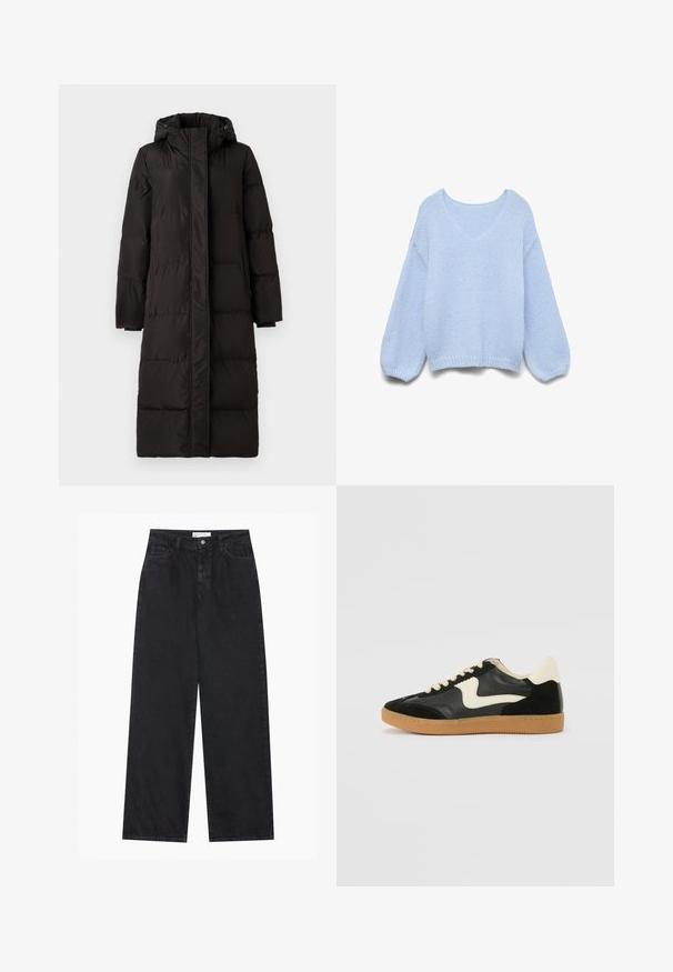 VILA down VISTARI Hooded - Daunenmantel - black beauty; Hellblauer weicher Strickpullover mit langen Ballonärmeln und tiefem V-Ausschnitt vor weißem Hintergrund.; Schwarze hoch geschnittene, weit geschnittene Jeans aus Denim mit Vorderknopf- und Reißverschluss, Gürtelschlaufen und fünf Taschen.; Schwarze Wildleder- und Leder-Sneaker mit einem cremefarbenen Seiten-Swoosh und einer hellcremefarbenen Ferse. Ausgestattet mit beige Schnürsenkeln und einer Gummilaufsohle.