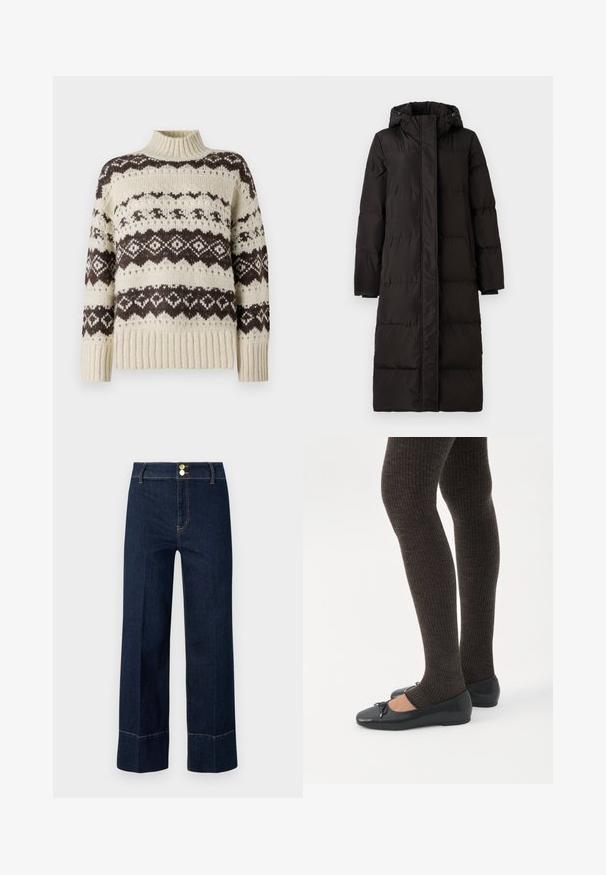 VILA down VISTARI Hooded - Manteau en duvet - black beauty; Vero Moda Knitted VMAMPLE Knitted - Pullover - birch; Jeans taille haute large bleu marine avec double bouton doré et surpiqûres orange visibles sur un fond clair.; Jambes portant des leggings côtelés foncés associés à des ballerines noires avec de petits détails en nœud sur fond blanc.