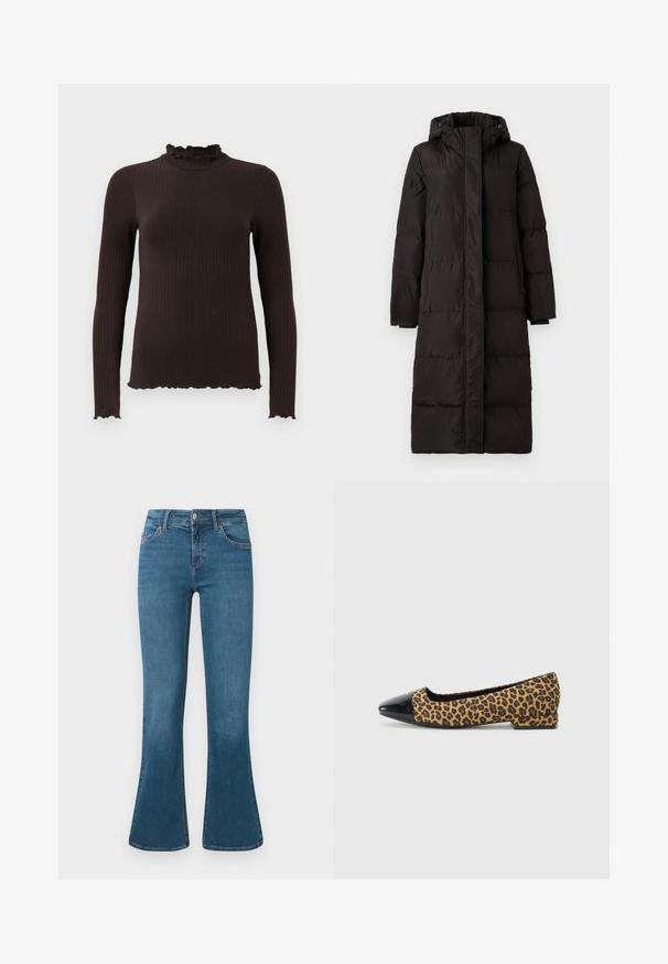 VILA down VISTARI Hooded - Dunfrakker - black beauty; Mørkebrun ribbet bluse med lange ærmer, høj, flæset krave og flæsekant på manchetter og nederste kant.; Blå denim flared jeans med en mellemhøj talje, fem-lomme design og diskrete syninger. Glat tekstur med en klassisk vask.; Sko med leopardmønster og flad hæl, der har en sort patenteret læder tåkap og kant; lav hæl med en tekstureret overdel og glatte, skinnende detaljer.