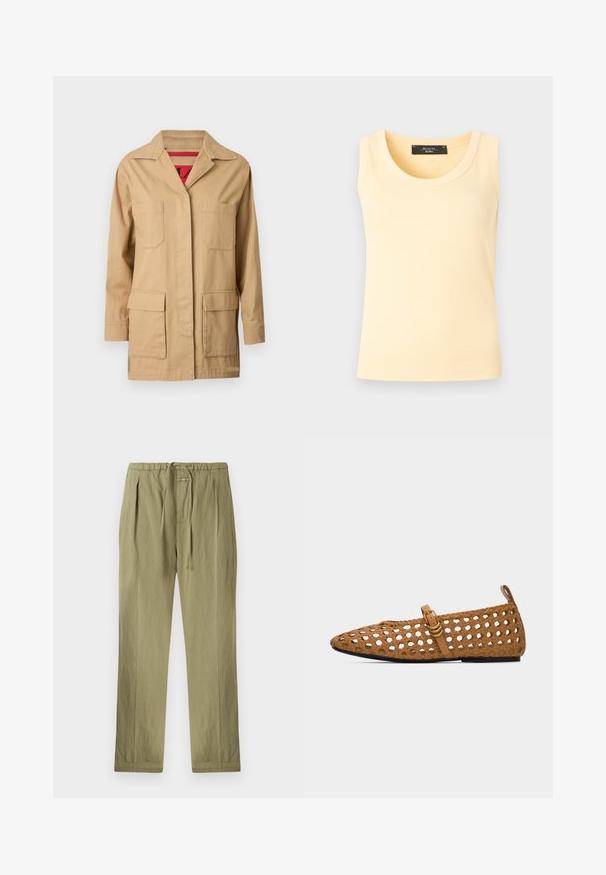 Beige canvasjakke med krave, to brystlommer og to nederste sidelommer. Indvendigt har den et rød mønstret foer.; Ærmeløs ribstrikket tanktop i bleg gul med rund halsudskæring og sort mærke indvendigt i kraven.; Lyse olivengrønne bukser lavet af bomuld, med elastisk talje, plisseringer og lige ben. Blød tekstur med minimale detaljer.; Brun vævet flad sko med spids tå, enkelt rem og guldlås samt en trækflap ved hælen, på hvid baggrund.