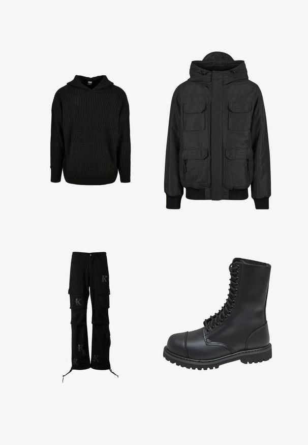 Zwarte gewatteerde jas met een capuchon, voorzien van twee borstzakken en twee zijzakken met rits. Mouwen met cuffs en een rechte zoom. Vriendelijke stoftextuur.; Zwarte geribbelde gebreide hoodie met een voorzak en een capuchon met trekkoord. Heeft een losse fit en een gestructureerd patroon op de stof.; Zwarte cargobroek met meerdere zakken, voorzien van een relaxte pasvorm. Geaccentueerd met geborduurde "K"-logo's en verstelbare strikdetails aan de zoom.; Zwarte leren gevechtslaars met een hoge schacht, vetersluiting aan de voorkant, gewatteerde kraag en een stevige, gestructureerde zool voor grip. Bevat een versterkte neus.