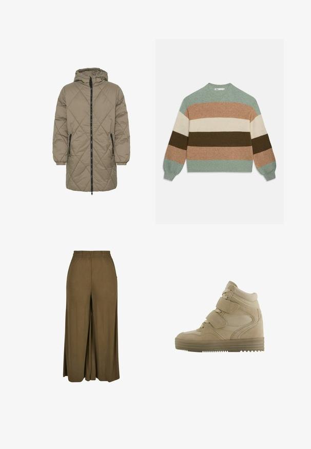 Gepolsterte Parka in Hellbraun, mit Kapuze, Frontzipp und zwei seitlichen Taschen mit schwarzen Akzenten sowie elastischen Bündchen.; Langärmeliger Strickpullover mit horizontalen Streifen in Grün, Braun, Beige und Hellbraun, mit rundem Ausschnitt sowie gerippten Bündchen und Saum.; Weit geschnittene olivgrüne Hose mit elastischem Bund und seitlichen Taschen aus glattem, leichtem Stoff.; Beige High-Top-Sneaker mit einem Design aus Wildleder und Mesh, verstellbaren Klettverschlüssen und einer dicken Gummisohle mit einem Zickzack-Muster.