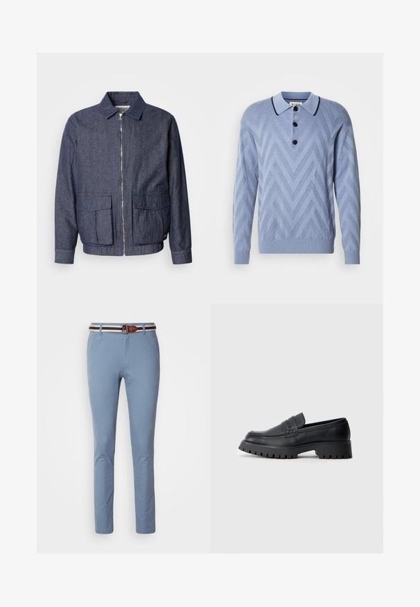 Scotch & Soda BLOUSON - Bomberjacks - sky captain; Lichtblauwe gebreide polo met een chevronpatroon, drie zwarte knopen en een contrasterende marineblauwe kraag. Lange mouwen en geribde manchetten.; Lichtblauwe broek met een slim fit, voorzien van een bruine leren riem met witte en marineblauwe gestreepte accenten. Glad stofoppervlak, klassiek ontwerp.; Zwarte leren instappers met een ronde neus, voorzien van een decoratieve riem en een stevige rubberen zool met diepe groeven voor grip.