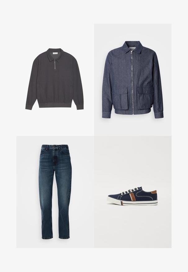 Scotch & Soda BLOUSON - Bomberjacke - sky captain; Dunkelgraues Langarm-Polohemd mit Reißverschlusskragen, gerippter Textur, elastischen Bündchen und Seitentaschen. Lässiges und vielseitiges Design.; Dunkelblaue gerade Jeans mit Knopf- und Reißverschluss vorne, Fünf-Taschen-Design und subtiler Ausbleichung an Oberschenkeln und Knien.; Marineblaue Leinensneaker mit weißer Schnürung, braunen Akzenten und seitlichen Streifen. Verfügt über eine Gummisohle und kontrastierende Nähte.