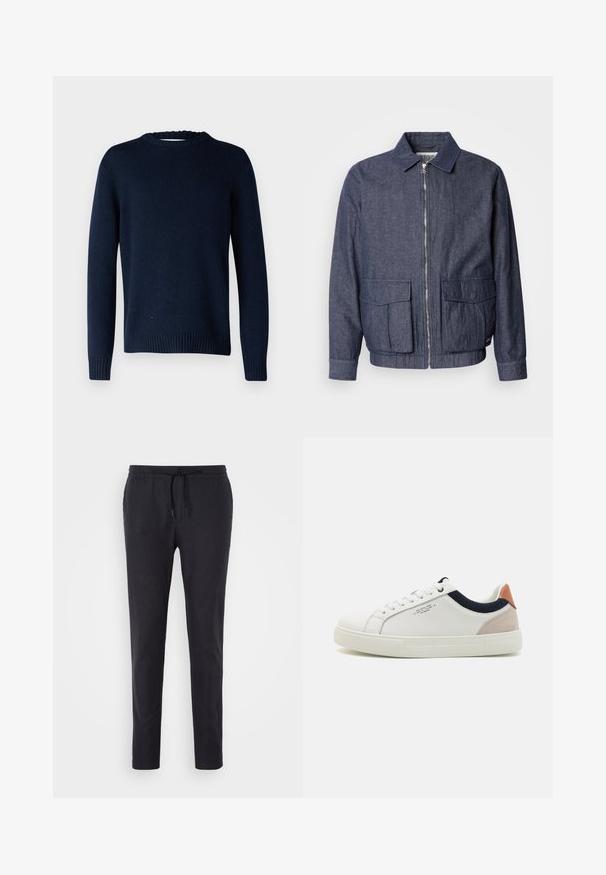 Scotch & Soda BLOUSON - Chaquetas bomber - sky captain; Selected SLMCODY LS KNIT CREW NECK NOOS - Jersey de punto - sky captain; Pantalones negros con cintura ajustable con cordón, ajuste entallado, textura lisa y puños elásticos. Fabricados con tela ligera.; Zapatillas blancas de cuero con un diseño de caña baja, acento en tela azul marino en el cuello y una lengüeta de talón de ante rosa claro. Suela de goma.
