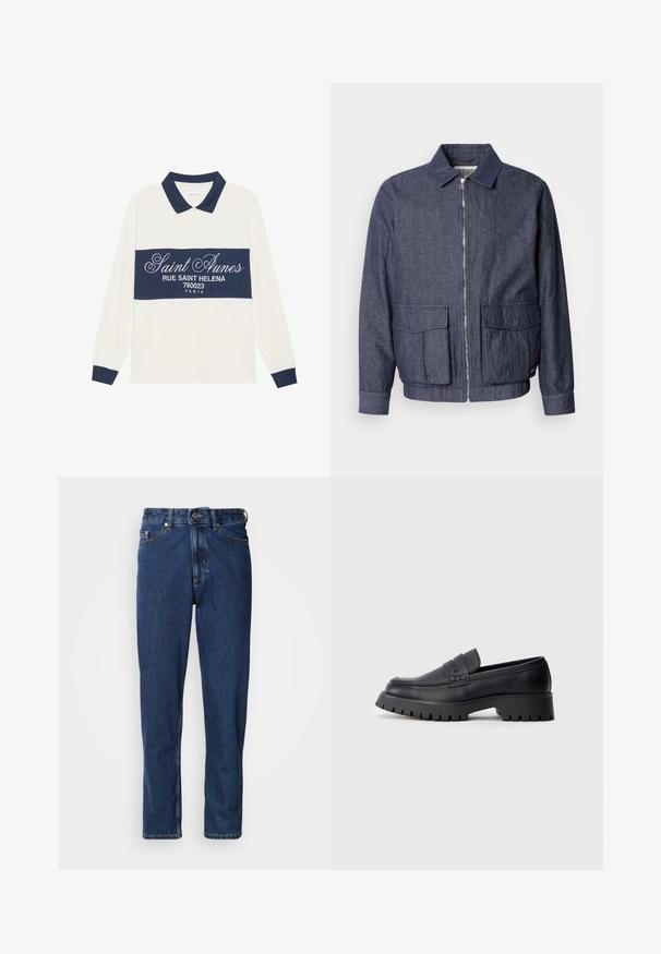 Scotch & Soda BLOUSON - Bomberjakke - sky captain; Langærmet polo shirt, creme og marineblå, i en bomuldsblanding. Har et marineblåt bånd med hvid tekst og en klassisk krave med marineblå kant.; Mørkeblå jeans lavet af denim, med lige ben, fem-lommer stil og synlige syninger langs sømmene.; Sorte læder loafers med en rund tå, prydet med en dekorativ rem og en kraftig gummisål med dybe riller for grip.