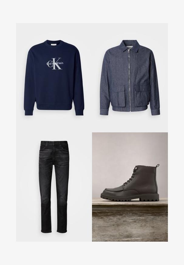 Scotch & Soda BLOUSON - Bombera - sky captain; Námornícky modrý bavlnený sveter s okrúhlym výstrihom, dlhými rukávmi a rebrovanými manžetami; obsahuje veľké strieborné logo s "Calvin Klein" a "CK."; Čierne džínsy z denimu s rovnými nohavicami, päťvreckovým dizajnom, jemným vyblednutím a zapínaním na gombíky. Klasický štýl vhodný na bežné nosenie.; Sivé kožené členkové čižmy s šnurovacím dizajnom, robustnou podrážkou a hladkým povrchom. Obsahujú šitý šev a pútko na päte.