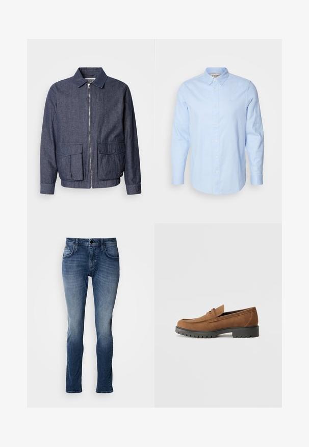 Scotch & Soda BLOUSON - Bomber-jakk - sky captain; Hele sinine pikade varrukatega nööpidega särk, millel on nööpidega krae, valged nööbid ja diskreetne broderie vasakul rinnal.; Sinine denimist teksapüksid pleekinud viimistlusega, viie tasku kujundusega, sirge jala lõike ja topeltõmbluse detailidega. Lihtne nööbi ja tõmbluku sulgemine.; Pruun sametist loafers, millel on ümar varvas ja madal must kummitald, koos dekoratiivse rihma ja ülemise osa õmblustega.