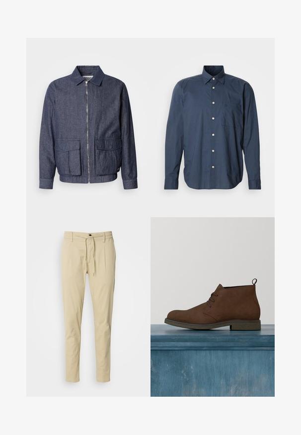 Scotch & Soda BLOUSON - Chaquetas bomber - sky captain; Camisa abotonada azul marino con mangas largas, pequeño patrón de cuadros, un bolsillo en el pecho y botones blancos sobre un fondo liso.; Pantalones beige de corte ajustado, hechos de una mezcla de algodón. Cintura elástica con cordón, dos pliegues frontales y patas rectas.; Botines de ante marrón con puntera redonda, cierre de cordones y suela gris texturizada. Incluyen una pequeña lengüeta en la parte trasera para facilitar el uso.