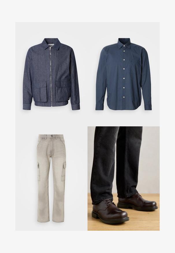 Scotch & Soda BLOUSON - Blouson Bomber - sky captain; Chemise bleu marine à manches longues, à motif à petits carreaux, avec une poche poitrine unique et des boutons blancs sur fond uni.; Pantalons cargo beiges en denim, dotés de deux poches latérales, d'une coupe droite et de coutures visibles. Fini texturé avec un aspect délavé.; Chaussures en cuir marron avec un bout rond, design à lacets et semelle en caoutchouc noire épaisse, associées à un pantalon en denim foncé.