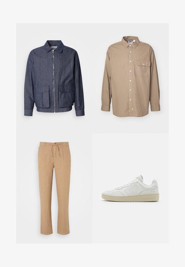 Scotch & Soda BLOUSON - Bombera - sky captain; Tielko, dlhé rukávy, svetlohnedá bavlnená tkanina, zapínanie na gombíky, jediné náprsné vrecko s klopou, klasický golier, rovný lem.; Bežové ľanové nohavice s rovnou nohavicou, s pásom na šnúrku a jemne textúrovaným povrchom. Predné záhyby pridávajú detail k klasickému štýlu.; Biele kožené tenisky s textúrovaným povrchom a polstrovaným golierom. Majú béžovú gumovú podrážku a diskrétne značenie na päte a boku.