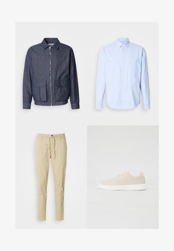 Scotch & Soda BLOUSON - Chaquetas bomber - sky captain; Camisa de botón azul claro con rayas verticales en blanco y colores pastel, fabricada en algodón suave, con dos bolsillos en el pecho y mangas largas.; Pantalones beige de corte ajustado, hechos de una mezcla de algodón. Cintura elástica con cordón, dos pliegues frontales y patas rectas.; Zapatillas de ante beige con suelas de goma blanca, puntera redondeada y seis ojales para los cordones. Textura suave con un diseño minimalista.