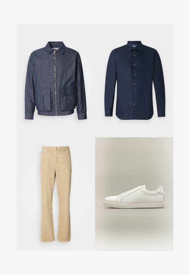 Scotch & Soda BLOUSON - Blouson Bomber - sky captain; Chemise à manches longues bleu marine avec col boutonné, texture lisse et patte de boutonnage à l'avant ; présente une coupe ajustée et un ourlet arrondi.; Pantalons en velours côtelé beige évasés avec une fermeture à bouton et à fermeture éclair, comportant cinq poches et des coutures visibles le long des jambes. Texture lisse.; Baskets blanches basses à lacets sur l’avant et semelle épaisse, vues de côté sur un fond neutre.