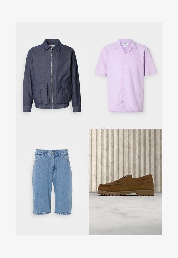 Scotch & Soda BLOUSON - Bomberjakke - sky captain; Kortærmet, knap-op skjorte i lys lavendel med camp-krave, syv hvide knapper og et tekstureret stof.; Denimshorts i lys blå, med et klassisk fem-lomme design, knap- og lynlåslukning, rå kant og falmet tekstur.; Brun ruskind snøresko med tyk rillede sål, der svæver over beige tæppe, med et brunt ovalt bord i baggrunden.