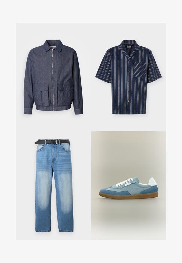 Scotch & Soda BLOUSON - Blouson Bomber - sky captain; Chemise bleu marine à manches courtes avec boutons, rayures verticales beige et blanches, col pointu et poche poitrine à rayures diagonales.; Jean en denim bleu clair avec une coupe droite, doté d'une ceinture noire, avec des zones décolorées et une texture diagonale subtile sur la partie supérieure.; Baskets basses décontractées avec des panneaux en tissu bleu clair et bleu foncé, lacets blancs, languette de talon blanche et semelle en caoutchouc marron sur fond neutre.
