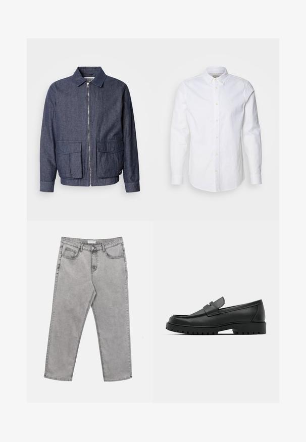 Scotch & Soda BLOUSON - Bomberjacks - sky captain; Witte blouse met lange mouwen van katoen, met een gestructureerde kraag, subtiele logo borduursel en lichtbruine knopen.; Lichtgrijze spijkerbroek van denim met knopen aan de voorkant en rits, riemlussen en vijf zakken, plat gelegd op een witte achtergrond.; Zwarte leren instappers met een ronde neus, voorzien van een gestikt ontwerp, een lage platformzool en een gestructureerde, grof rubberen buitenzool.