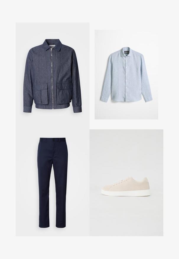 Scotch & Soda BLOUSON - Chaquetas bomber - sky captain; Camisa de manga larga azul claro con botones al frente y cuello clásico, confeccionada en tela texturizada, exhibida sobre un fondo liso.; Pantalones azul marino de mezcla de algodón. Presenta una pierna recta, una cinturilla con pasadores para cinturón y un cierre frontal con botón.; Zapatillas de ante beige con suelas de goma blanca, puntera redondeada y seis ojales para los cordones. Textura suave con un diseño minimalista.