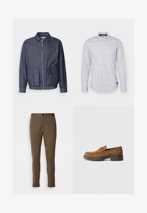 Scotch & Soda BLOUSON - Bomberjacks - sky captain; Wit overhemd met knopen en blauw geometrisch bloemmotief, lange mouwen en een standaardkraag.; Bruine, op maat gemaakte broeken met een gladde textuur, voorzien van een knoopsluiting en opgerolde mouwen. Ontworpen met een slim fit en functionele zakken.; Bruine suede instappers met een ronde neus en een lage zwarte rubberen zool, met een decoratieve band en stiksel details op het bovenwerk.