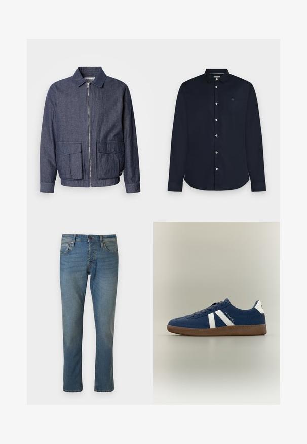 Scotch & Soda BLOUSON - Bomberjakke - sky captain; Herre langærmet mørkeblå skjorte med knapper og krave samt hvide knapper, vist på en lysegrå baggrund.; Straight-leg blå denimjeans med forlommer, bæltestropper og knaplukning på en ensfarvet baggrund.; Marineblå sneaker med hvide sidelstriber, brun textured sål og "JACK & JONES" logo på siden og hælflappen.